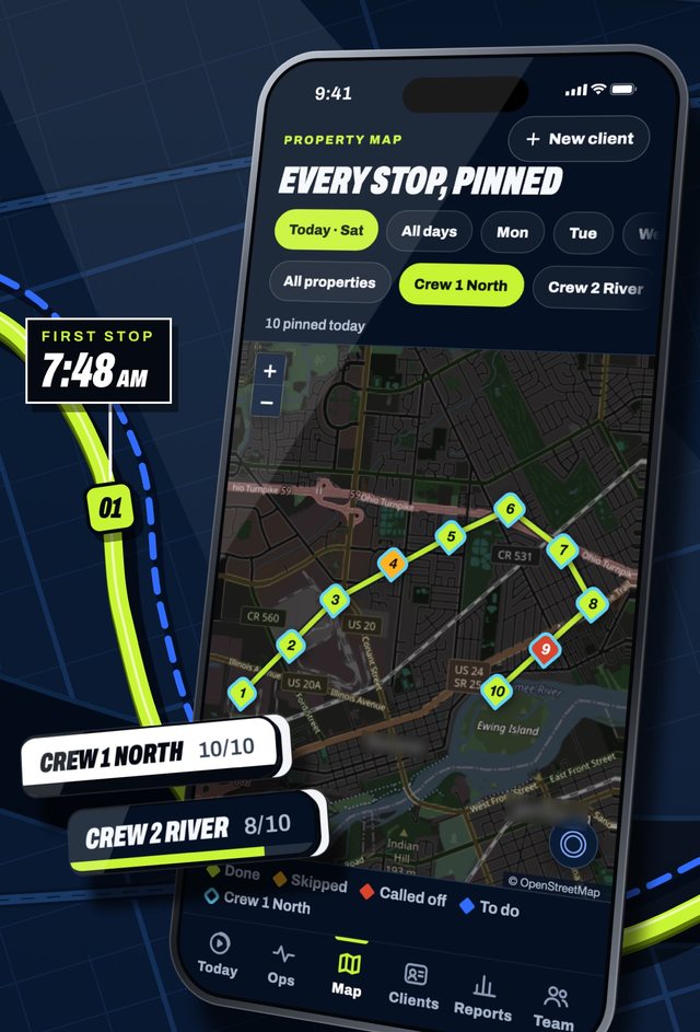 RoundOps live crew map on an iPhone: two crews and their stops on one map, with each crew’s progress