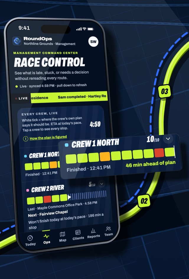 RoundOps Race Control screen on an iPhone: each crew’s finished stops and how far ahead or behind plan it is