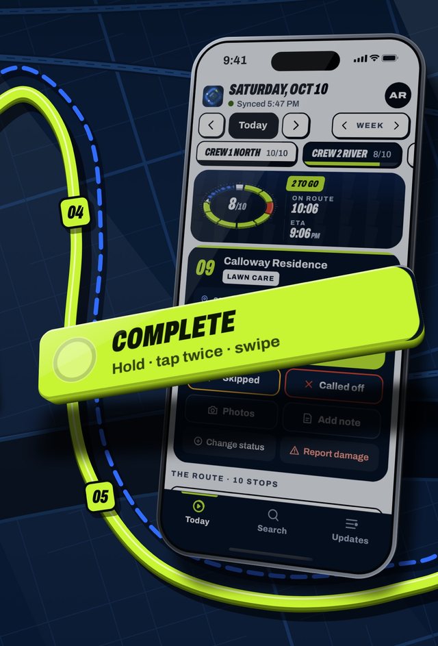 RoundOps Today screen on an iPhone: a crew at 8 of 10 stops with a big Complete button you finish with a hold, two taps or a swipe